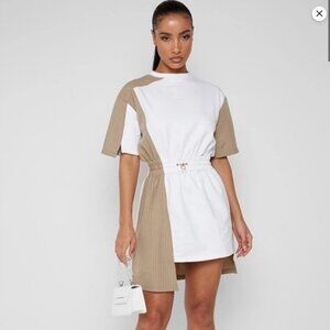 Maniere De Voir White and Khaki Pinstripe Dress